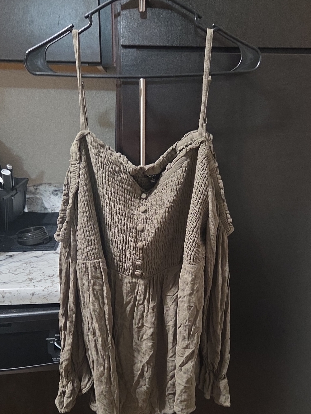 Women’s Lightweight Smocked Button-Front Spaghetti Strap Top — Taupe